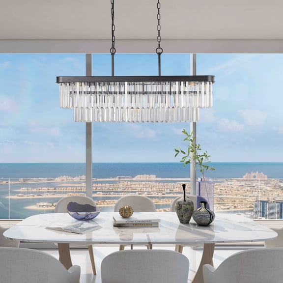 XIZE Rectangular Crystal Chandelier, Black, Adjustable, E12, for Kitchen Living Room Bedroom