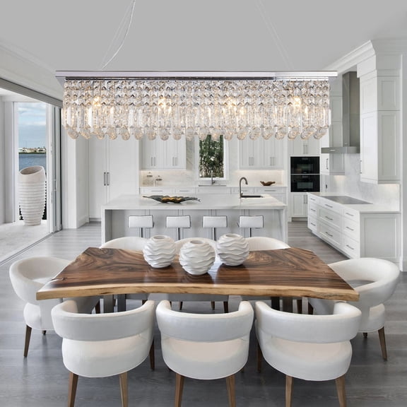 XIZE Rectangular Crystal Chandelier with 8 Lights, 39.4" L, White, Raindrop Design, for Kitchen Island Bar