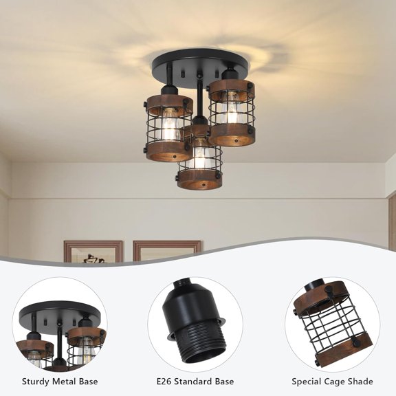 XIZE Semi-Flush Mount Ceiling Light with 3 Lights, Farmhouse Style