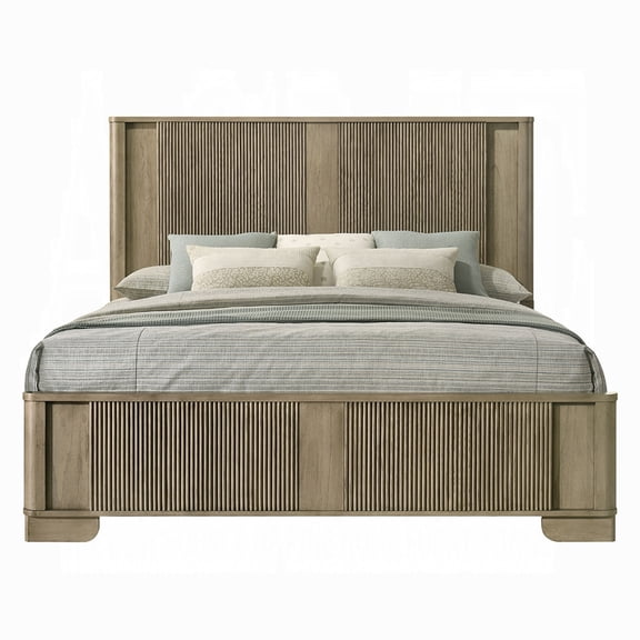 XIZE Transitional Queen Size Bed with LED Light Headboard, Solid Wood Rustic Design, Antique Oak