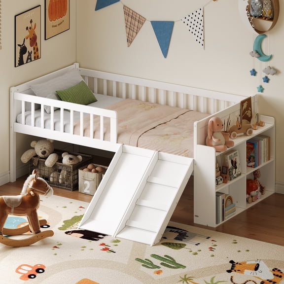 XIZE Twin Wooden Bed Frame with Storage Shelf, Slide, Ladder, and Guardrails, White Finish