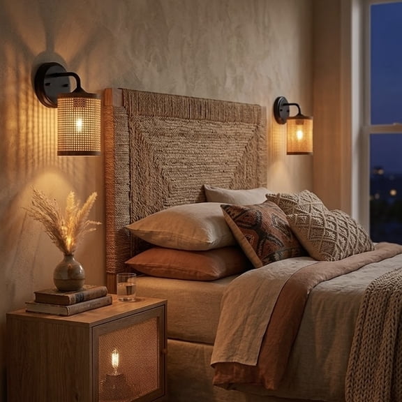 XIZE Wall Sconce with 1 Light, Natural Rattan Shade, Rustic Wicker Design