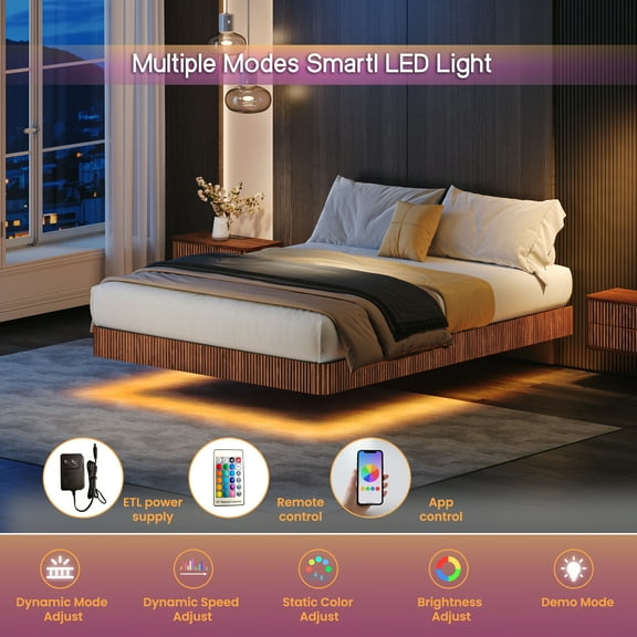 XIZE Walnut Queen Floating Bed Frame with LED Lights, Wave Curve Wood Texture and Heavy Duty Metal Slats, No Box Spring Needed, Walnut