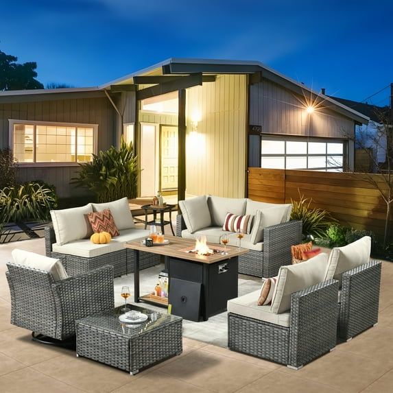 XIZZI 10 PCS Outdoor Patio Furniture Set Wicker Conversation Set with Coffee Table Fire Pit and Swivel Rocker,Beige