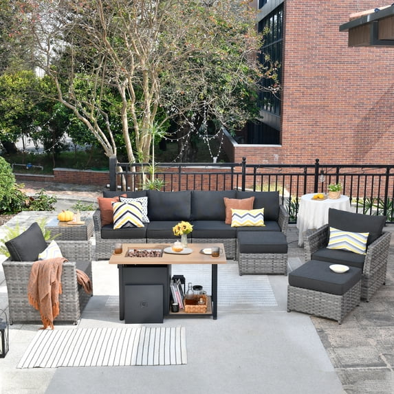 XIZZI 10 Pieces Outdoor Conversation Set Wicker Patio Furniture Set with Fire Pit Table,Black