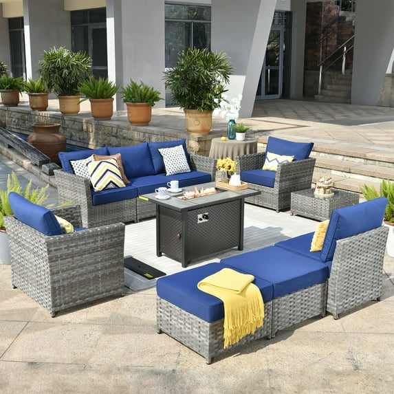 XIZZI 10 Pieces Outdoor Conversation Set Wicker Patio Furniture Set with Fire Pit Table,Blue