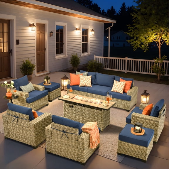 XIZZI 10 Pieces Outdoor Patio Furniture All Weather PE Rattan Conversation Set Waterproof Patio Sectional Sofa Chair Set with Wicker Fire Pit Table for Backyard, Navy Blue