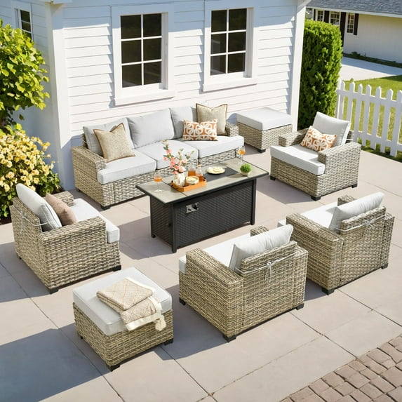 XIZZI 10 Pieces Wicker Patio Furniture Modular Patio Sectional Sofa Seating Set All-Weather Rattan Outdoor Conversation Set with Fire Pit Table for Backyard, Gray