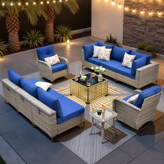 XIZZI 10 Pieces Wicker Patio Furniture with Swivel Rocking Chair Rattan Outdoor Conversation Set Modular Patio Sectional Sofa with Lighting Coffee Table for Balcony, Porch, Backyard, Navy Blue