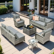 XIZZI 6 Pieces Rattan Outdoor Furniture Wicker Patio Conversation Set Modular Outside Sectional Sofa Set with Coffee Table and Fire Pit Table for Garden, Beige