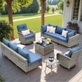 thumbnail image 1 of XIZZI 10 Pieces Wicker Patio Furniture with Swivel Rocking Chair Rattan Outdoor Conversation Set Modular Patio Sectional Sofa with Lighting Coffee Table for Balcony, Porch, Backyard, Denim Blue, 1 of 9
