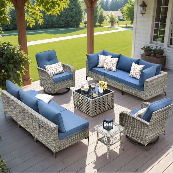 XIZZI 10 Pieces Wicker Patio Furniture with Swivel Rocking Chair Rattan Outdoor Conversation Set Modular Patio Sectional Sofa with Lighting Coffee Table for Balcony, Porch, Backyard, Denim Blue