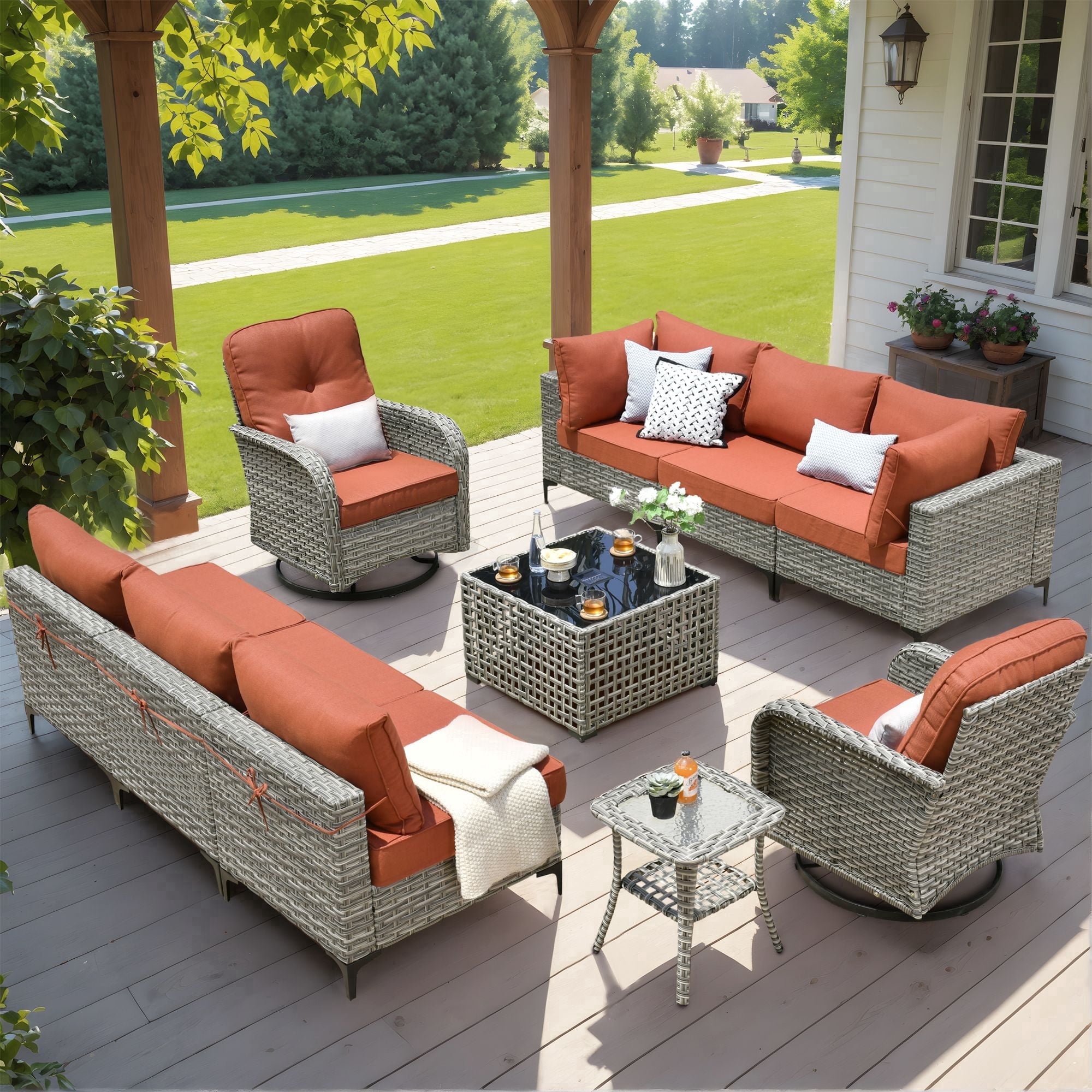 XIZZI 10 Pieces Wicker Patio Furniture with Swivel Rocking Chair Rattan Outdoor Conversation Set Modular Patio Sectional Sofa with Coffee Table for Balcony, Porch, Backyard, Coarse Orange Red