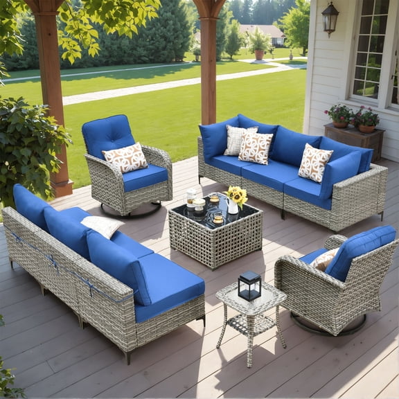 XIZZI 10 Pieces Wicker Patio Furniture with Swivel Rocking Chair Rattan Outdoor Conversation Set Modular Patio Sectional Sofa with Lighting Coffee Table for Balcony, Porch, Backyard, Navy Blue
