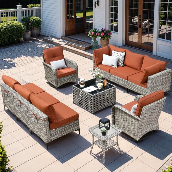 XIZZI 10 Pieces Wicker Patio Furniture with Swivel Rocking Chair Rattan Outdoor Conversation Set Modular Patio Sectional Sofa with Lighting Coffee Table for Balcony, Porch, Backyard, Orange Red