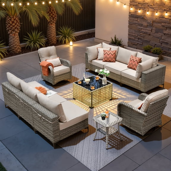 XIZZI 10 Pieces Wicker Patio Furniture with Swivel Rocking Chair Rattan Outdoor Conversation Set Modular Patio Sectional Sofa with Lighting Coffee Table for Balcony, Porch, Backyard, Beige
