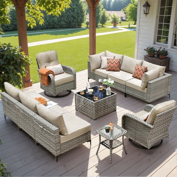 XIZZI 10 Pieces Wicker Patio Furniture with Swivel Rocking Chair Rattan Outdoor Conversation Set Modular Patio Sectional Sofa with Lighting Coffee Table for Balcony, Porch, Backyard, Beige