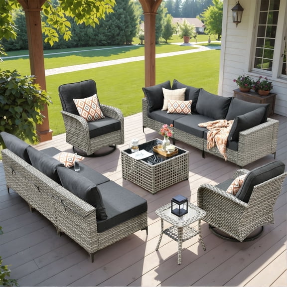 XIZZI 10 Pieces Wicker Patio Furniture with Swivel Rocking Chair Rattan Outdoor Conversation Set Modular Patio Sectional Sofa with Lighting Coffee Table for Balcony, Porch, Backyard, Black