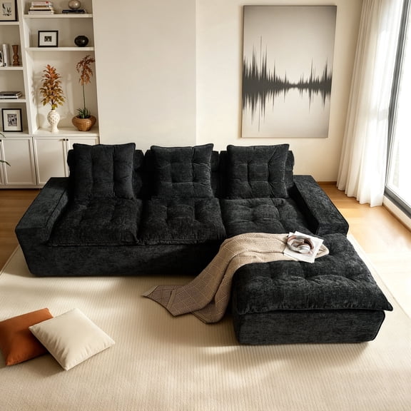 XIZZI 103.3" Modular Sectional Sofa with Soft Chenille Fabric, L Shaped Cloud Couch with High Density Foam and Pocket Springs for Living Room, No Assembly, Right Chaise, Black