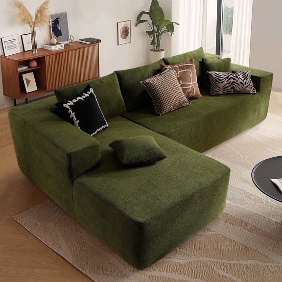 XIZZI 106" L-Shaped Sofa Set, No Assembly Required Sectional Sofa w/ 28" Seat Depth, Ergonomic Spring + Sponge Support, Left Chaise, Green(Cloud Fleece Fabric)