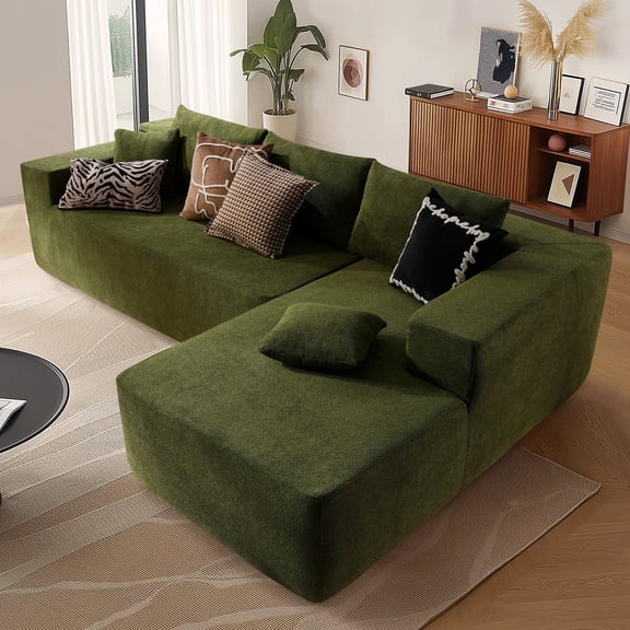 XIZZI 106" L-Shaped Sofa Set, No Assembly Required Sectional Sofa w/ 28" Seat Depth, Ergonomic Spring + Sponge Support, Right Chaise, Green(Cloud Fleece Fabric)