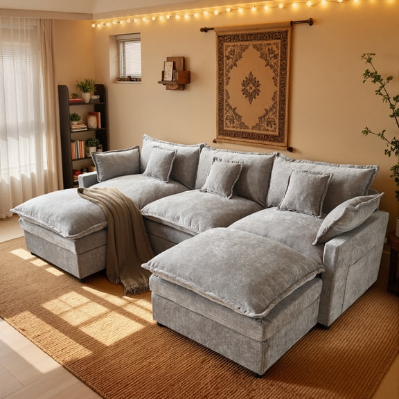 XIZZI 107.9" Modular Sectional Sofa Couch with Double Ottomans, Deep Seat Boneless Cloud Couch with Chenille Fabric, Dual Thick Cushions and Solid Wood Frame for Living Room-Dark Gray