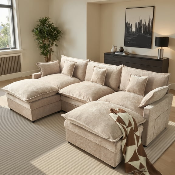 XIZZI 107.9" Modular Sectional Sofa Couch with Double Ottomans, Deep Seat Boneless Cloud Couch with Chenille Fabric, Dual Thick Cushions and Solid Wood Frame for Living Room-Oatmeal