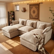 XIZZI 107.9" Modular Sectional Sofa Couch with Double Ottomans, Deep Seat Boneless Cloud Couch with Chenille Fabric, Dual Thick Cushions and Solid Wood Frame for Living Room-Oatmeal