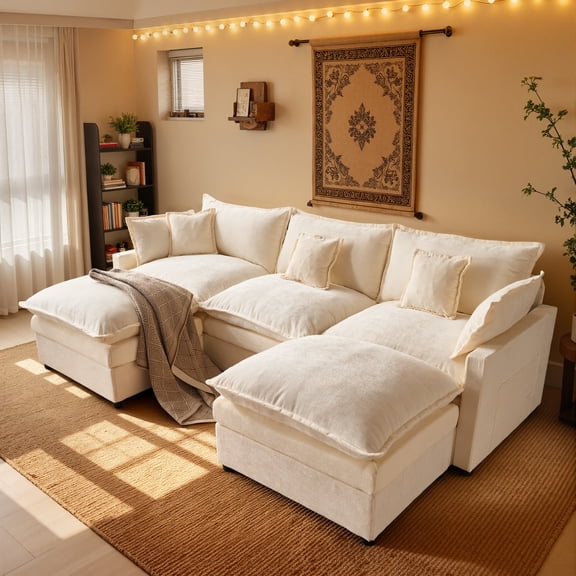 XIZZI 107.9" Modular Sectional Sofa with Double Ottomans, Deep Seat Cloud Couch with Chenille Fabric, Dual Thick Cushions and Solid Wood Frame for Living Room-Beige