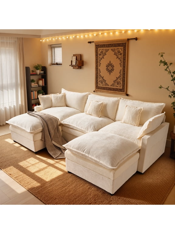 107.9" Modular Sectional Sofa with Double Ottomans, Deep Seat Cloud Couch with Chenille Fabric, Dual Thick Cushions and Solid Wood Frame for Living Room-Beige