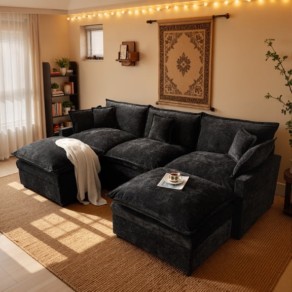 XIZZI 107.9" Modular Sectional Sofa with Double Ottomans, Deep Seat Cloud Couch with Chenille Fabric, Dual Thick Cushions and Solid Wood Frame for Living Room-Black
