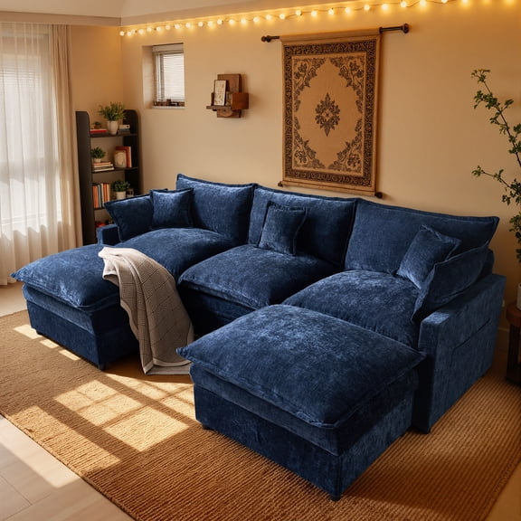 XIZZI 107.9" Modular Sectional Sofa with Double Ottomans, Deep Seat Cloud Couch with Chenille Fabric, Dual Thick Cushions and Solid Wood Frame for Living Room-Dark Blue