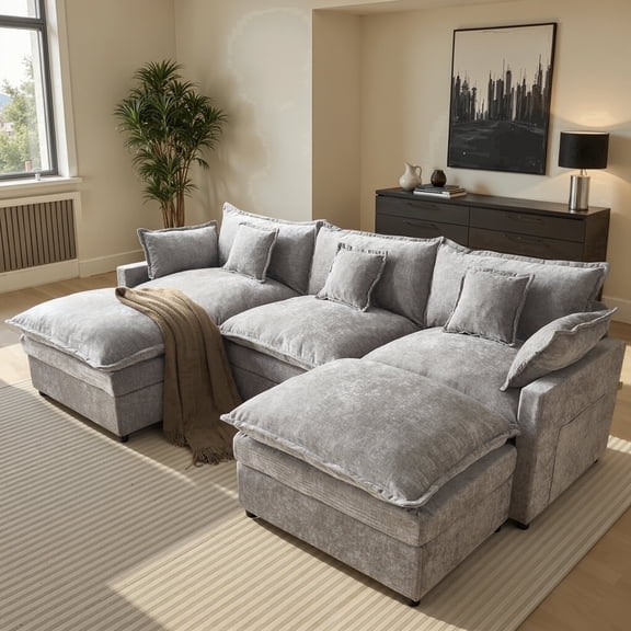 XIZZI 107.9" Modular Sectional Sofa with Double Ottomans, Deep Seat Cloud Couch with Chenille Fabric, Dual Thick Cushions and Solid Wood Frame for Living Room-Dark Gray