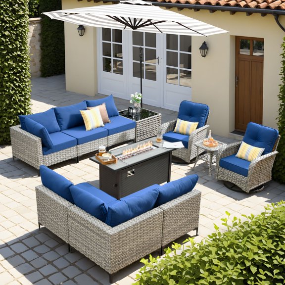 XIZZI 11 Pieces Outdoor Patio Furniture Set All-Weather Wicker Conversation Set Rattan Outside Sectional Sofa with Fire Pit Table & Swivel Rocking Chairs for Garden, Navy Blue