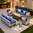thumbnail image 1 of XIZZI 11 Pieces Outdoor Patio Furniture Set All-Weather Wicker Conversation Set Rattan Outside Sectional Sofa with Fire Pit Table & Swivel Rocking Chairs for Garden, Navy Blue, 1 of 11