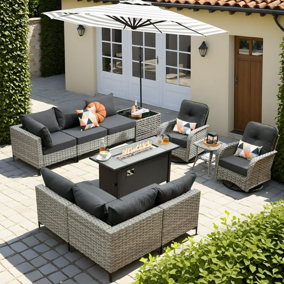 XIZZI 11 Pieces Outdoor Patio Furniture Set All-Weather Wicker Conversation Set Rattan Outside Sectional Sofa with Fire Pit Table & Swivel Rocking Chairs for Garden, Black