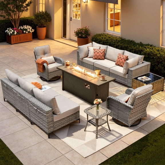 XIZZI 11 Pieces Outdoor Patio Furniture Set All-Weather Wicker Conversation Set Rattan Outside Sectional Sofa with Fire Pit Table & Swivel Rocking Chairs for Garden, Beige