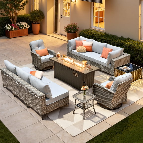XIZZI 11 Pieces Outdoor Patio Furniture Set All-Weather Wicker Conversation Set Rattan Outside Sectional Sofa with Fire Pit Table & Swivel Rocking Chairs for Garden, Gray