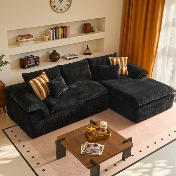 XIZZI 112" Modern Sectional Sofa with Curved Armrests - Plush Corduroy Upholstery, No-Assembly Needed, for Living Room and Bedroom, Right Chaise, Black