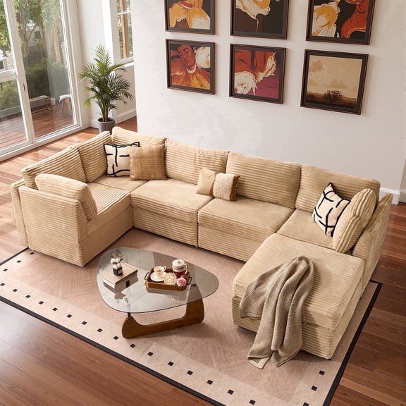 XIZZI 127.5" Modular Sectional Sofa,Oversized Cloud Couch with Deep Seat,U-Shaped Modern Sectional Couches with Removable Ottoman for Living Room,5 Seat,Beige