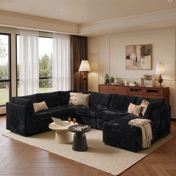 XIZZI 127.5" Modular Sectional Sofa,Oversized Cloud Couch with Deep Seat,U-Shaped Modern Sectional Couches with Removable Ottoman for Living Room,6 Seat,Black