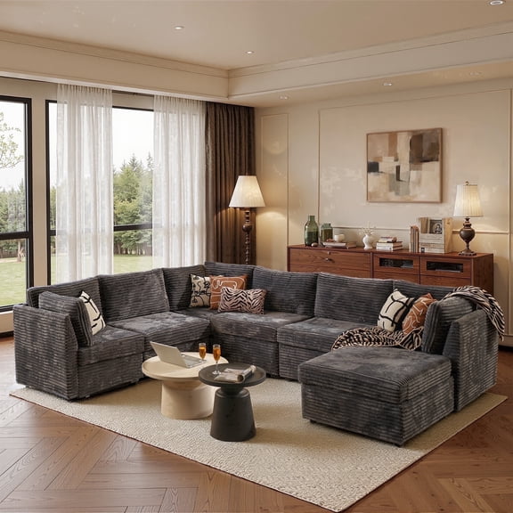 XIZZI 127.5" Modular Sectional Sofa,7-piece Oversized Cloud Couch with Deep Seat,U-Shaped Modern Sectional Couches with Removable Ottoman for Living Room,6 Seat,Gray