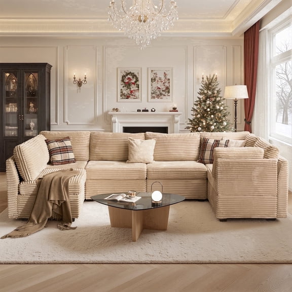 XIZZI 127.2" Modular Sectional Sofa,6-piece Oversized Cloud Couch with Plush Corduroy Deep Seat,U-Shaped Modern Sofa Sectional Couch for Living Room,6 Seat,Beige