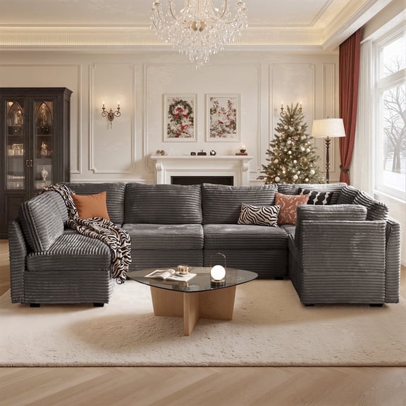 XIZZI 127.2" Modular Sectional Sofa,Oversized Cloud Couch with Plush Corduroy Deep Seat,U-Shaped Modern Sectional Couches Sofas for Living Room,6 Seat,Gray