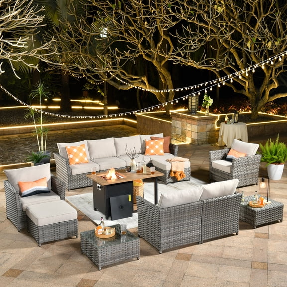 XIZZI 13 PCS Outdoor Wicker Patio Set Furniture Conversation Set with Fire Pit Table,Beige Stripe