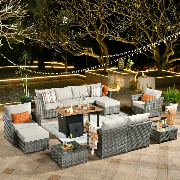 XIZZI 13 PCS Outdoor Wicker Patio Set Furniture Conversation Set with Fire Pit Table,Beige