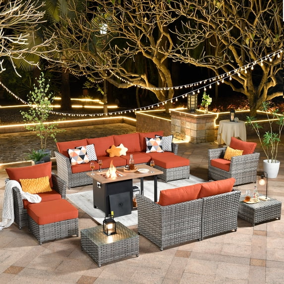 XIZZI 13 PCS Outdoor Wicker Patio Set Furniture Conversation Set with Fire Pit Table,Orange