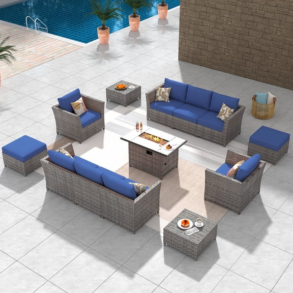 XIZZI 13 Pieces Wicker Patio Furniture Set with Fire Pit Table,Outdoor Conversation Set for Garden Poolside Backyard,Blue