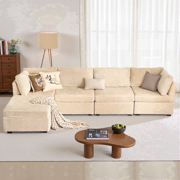 XIZZI 127.2" Modular Sectional Sofa,5-piece Oversized Cloud Couch with Plush Corduroy Deep Seat,L-Shaped Sectional Couch Modern Sofa with Removable Ottoman for Living Room,4 Seat,Beige