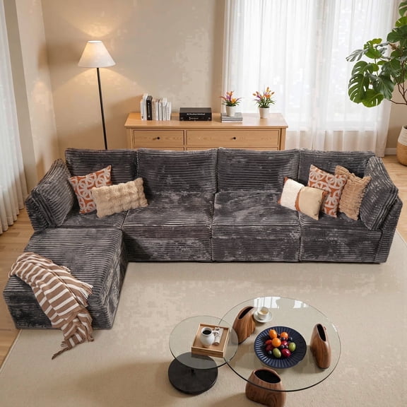 XIZZI 127.2" Modular Sectional Sofa, 5-piece Oversized Cloud Couch with Plush Corduroy Deep Seat,L-Shaped Sectional Couch Modern Sofa with Removable Ottoman for Living Room,4 Seat,Gray